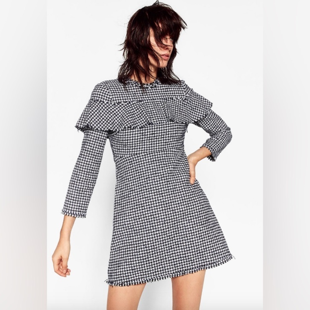 Zara Ruffle Top Tweed Classic Houndstooth Flare Dress XS - Picture 3 of 14